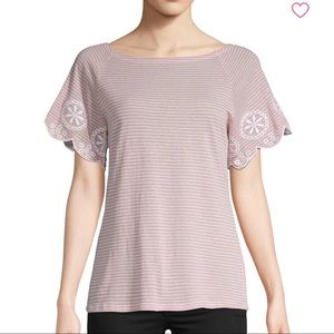 Solutions! Embroidered striped short sleeve top